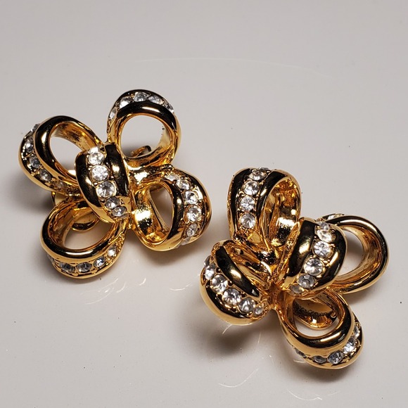 Kenneth J Lane KJL Gold Plated Bow Clip-On Earrings Rhinestone Floral Design - Picture 2 of 7